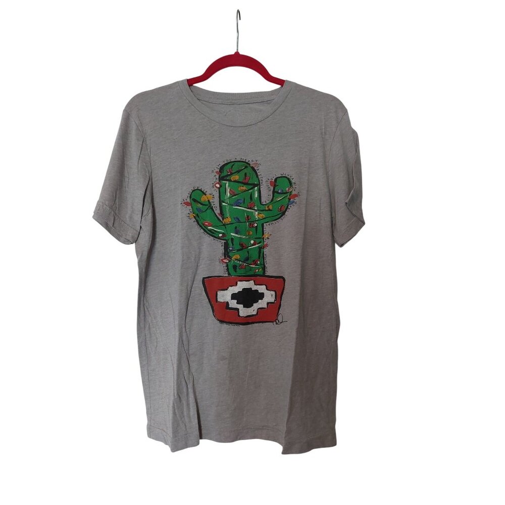 Cactus Graphic Gray Cotton Blend T-Shirt For Adults